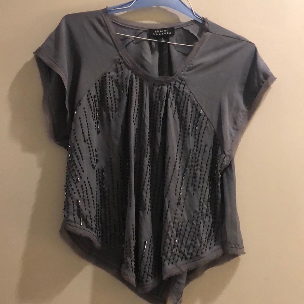Silk Grey Short Sleeve Beaded Top